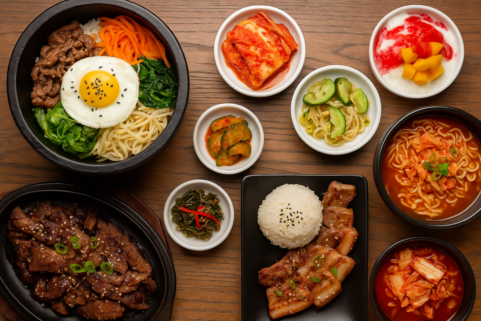 Collage of Korean dishes including bibimbap, bulgogi, kimchi, ramen, bingsu, and side dishes on a rustic wooden table.