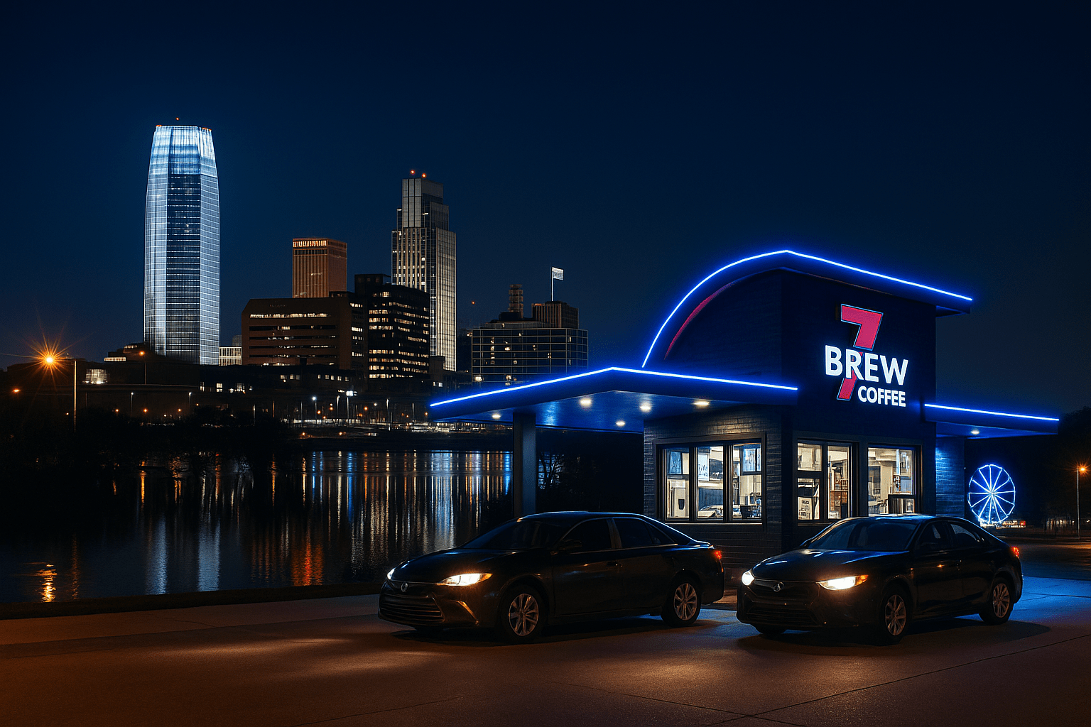 Nighttime view of Omaha skyline blended with a glowing 7 Brew Coffee drive-thru, capturing the city's energy and one of its most anticipated openings of 2025.